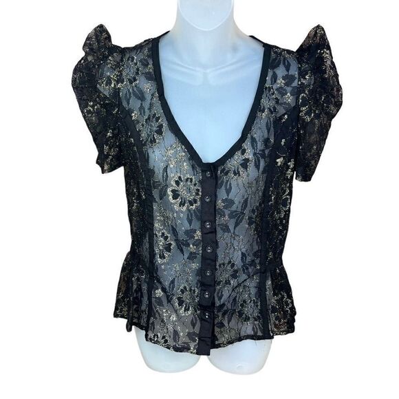 Charlotte Russe Lace Top Sheer Black Mesh Gold Thread Puff Sleeves Medium - Picture 1 of 15